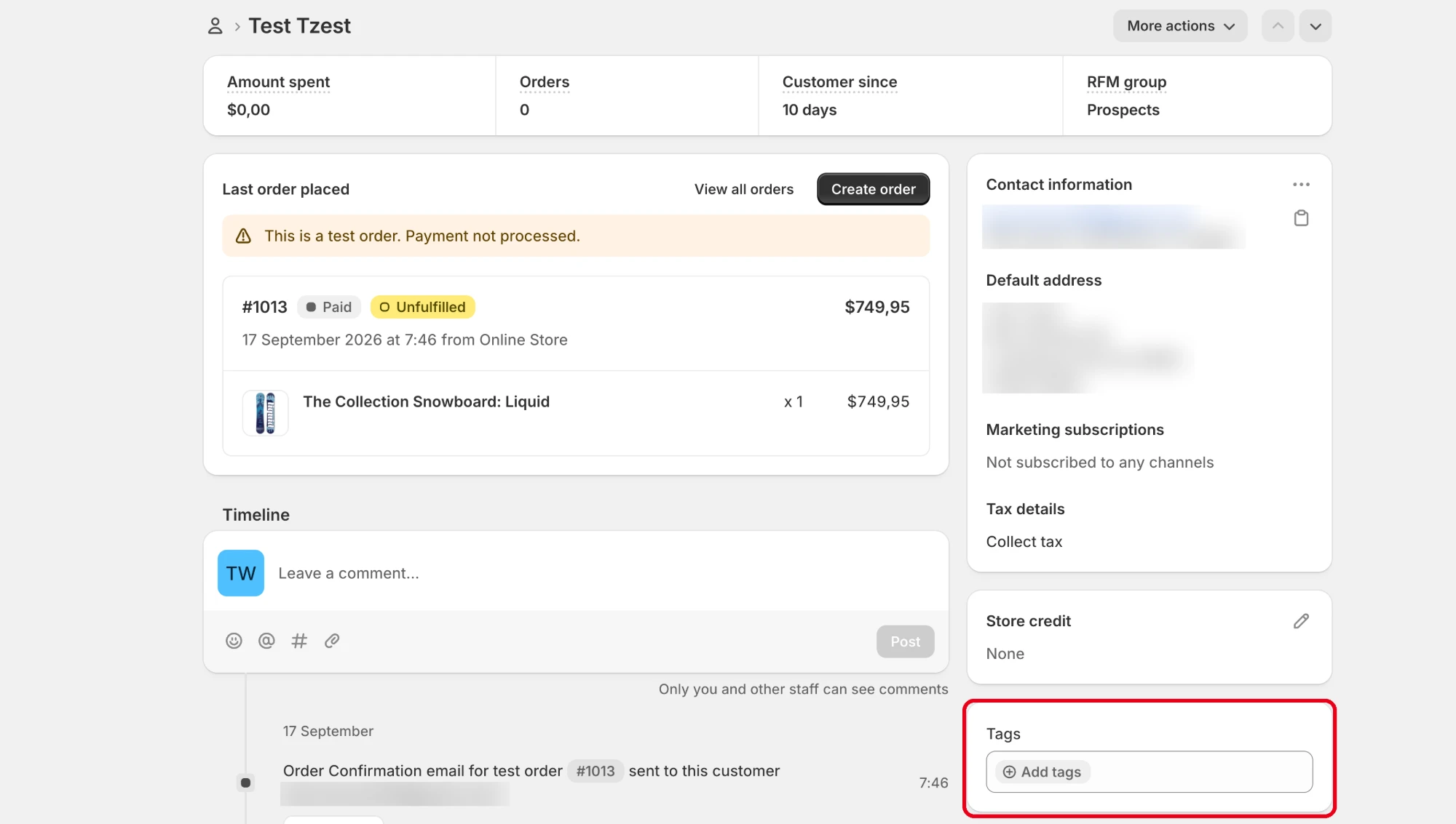 Customer profile in Shopify with the Tags section highlighted