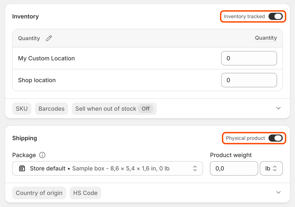 Shopify product settings with the Inventory tracked and Physical product toggles highlighted