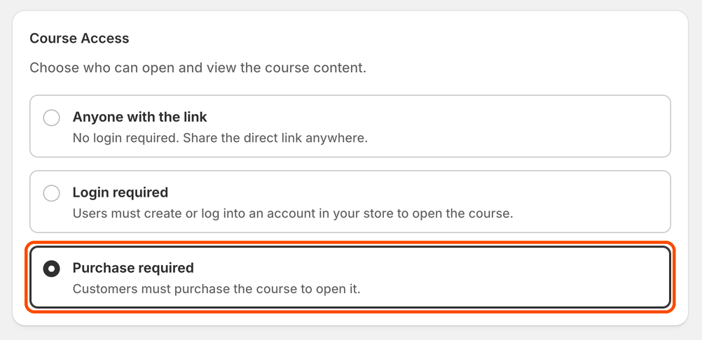 Course Access section in Studyvio with Purchase required selected